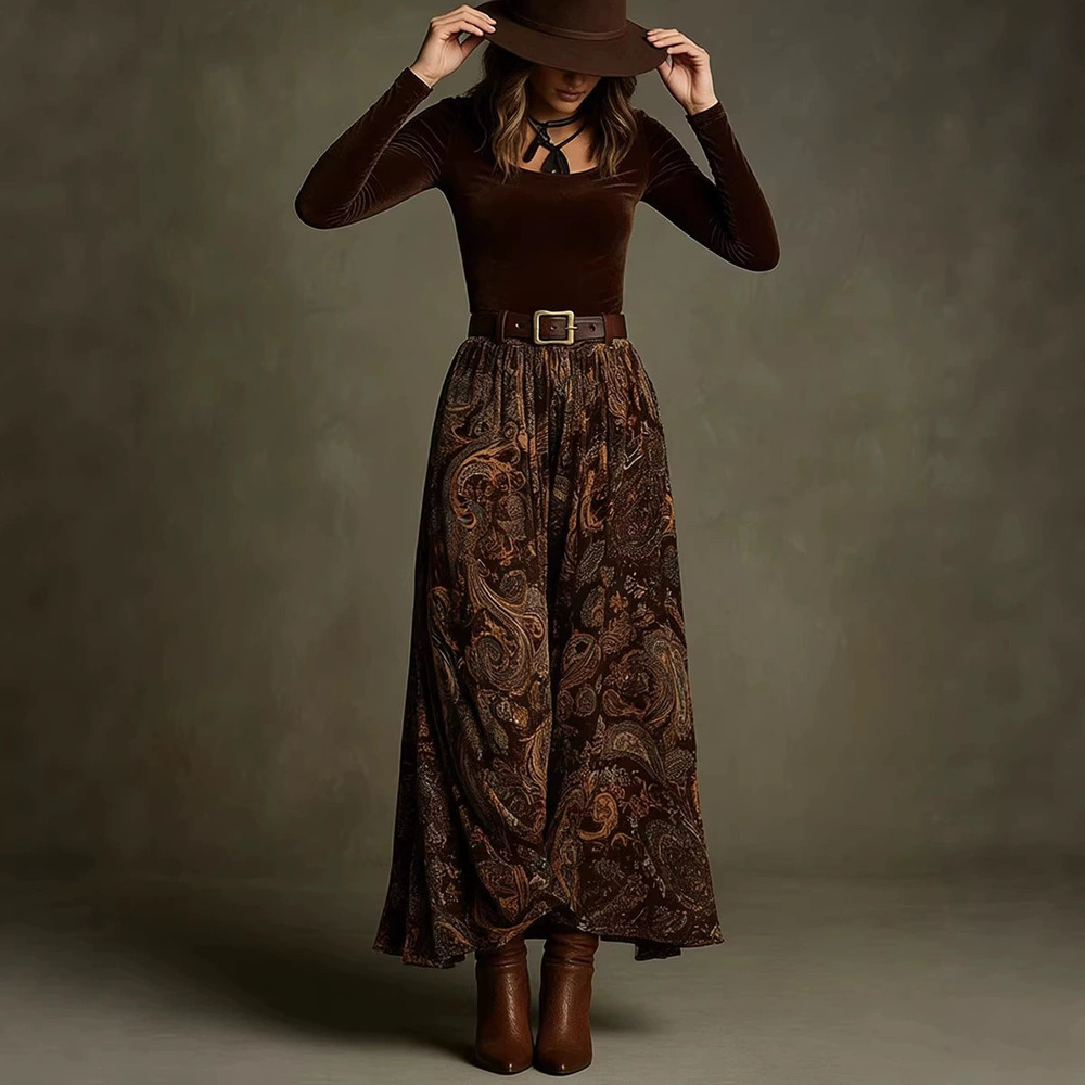 Zara Spring Summer Fitted Top Flared Vintage Print Maxi Dress Set with Belt
